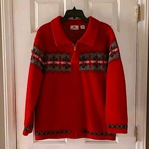 Vintage Maurices Women Size Large Red Knit Cardigan 100% Shetland Wool  Sweater